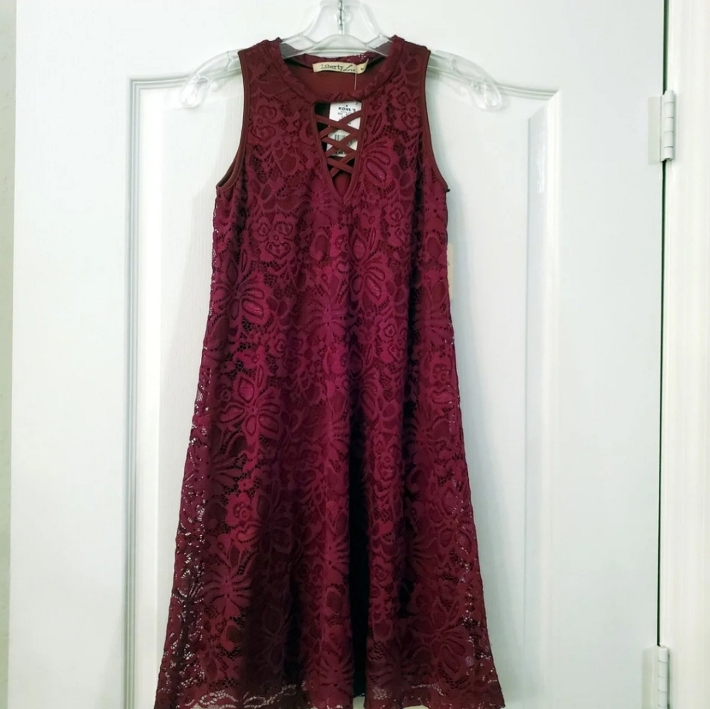 Liberty Love Lace Boho lined MidiWine Dress XS NWT